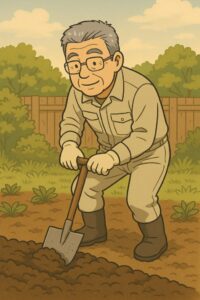 畑で手を動かして土づくりをしているシニア男性の写真
