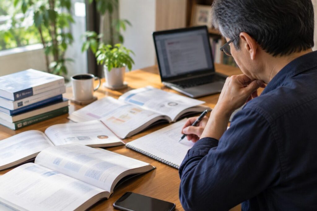 複数の資格を比較しながら自分に必要な学びを考える60代の会社員