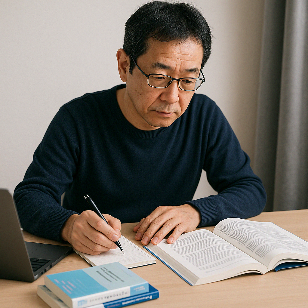 机に教材を広げ、メモを取りながら学習する中年男性