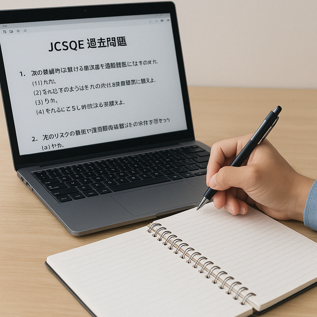 ノートに構造的に書き込む手元＋パソコンにJCSQE過去問
