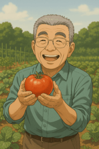 収穫したトマトを掲げて笑顔の男性