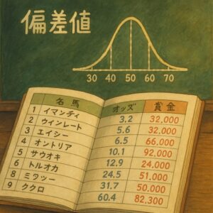 「偏差値グラフ×競馬オッズ表」が黒板に書かれているイメージ