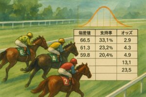 3頭の馬が横並びにレースをしている構図