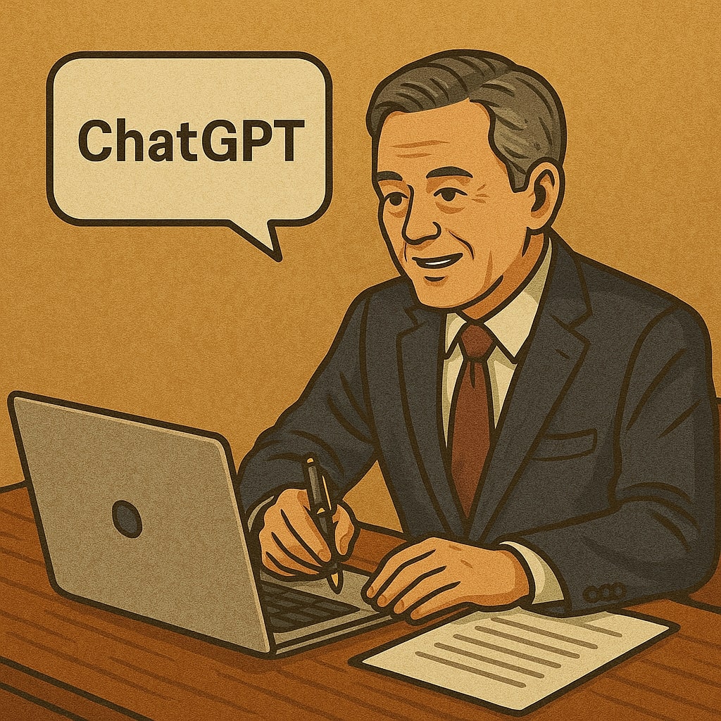シニア技術者がChatGPTを活用して資料を作成する場面