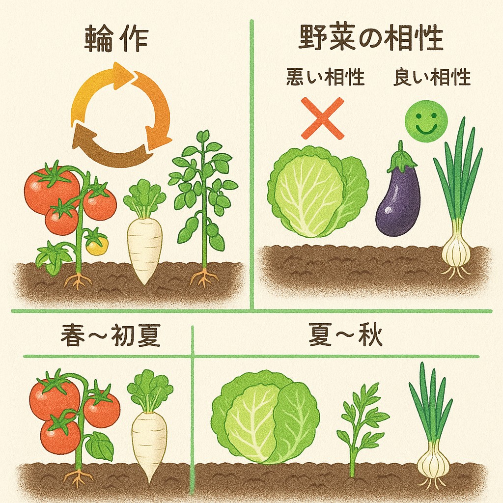  「輪作と野菜の相性」の全体像が一目で分かるイメージ図
