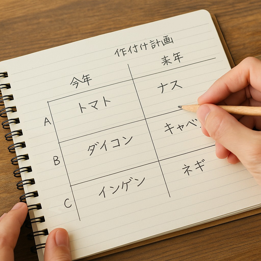 畝ごとの作物名が丁寧に書かれ、鉛筆で追記中のイメージ図