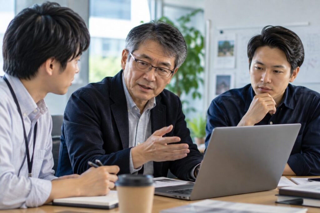 若手社員とAI活用について話し合う経験豊富な60代シニア