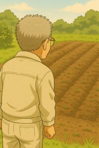 芽が出ない畝を見つめる人物の後ろ姿