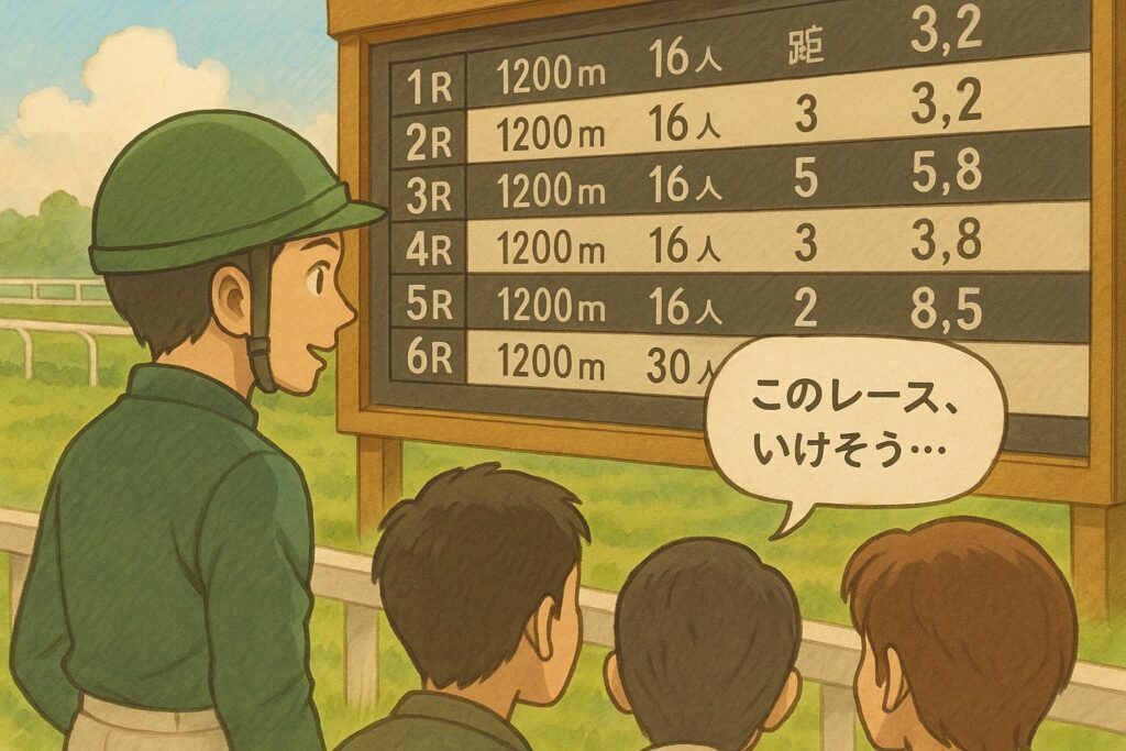 騎手やファンがレース一覧を見て「このレース、いけそう…」とつぶやいている雰囲気