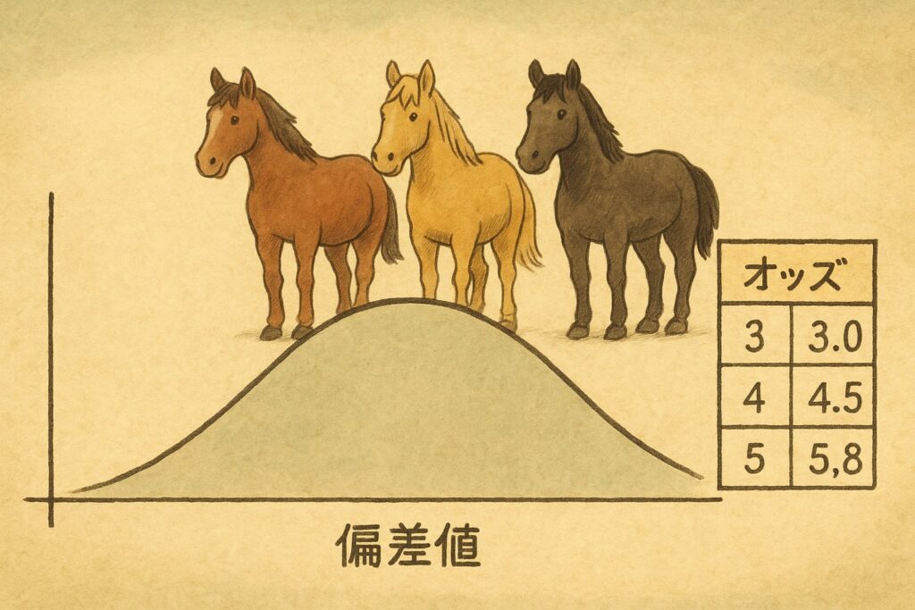 偏差値グラフの上に3頭の馬が並び、票が分散している様子が分かる構図