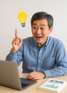 ひらめいた表情の日本人シニア男性が、ノートPCの画面を見つめる構図。横にはJCSQE関連書籍。