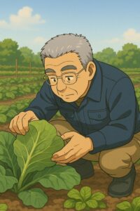 シニア男性が畑で虫を観察している姿