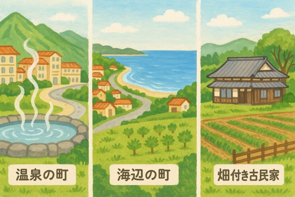 温泉・海・畑の魅力を比較する図