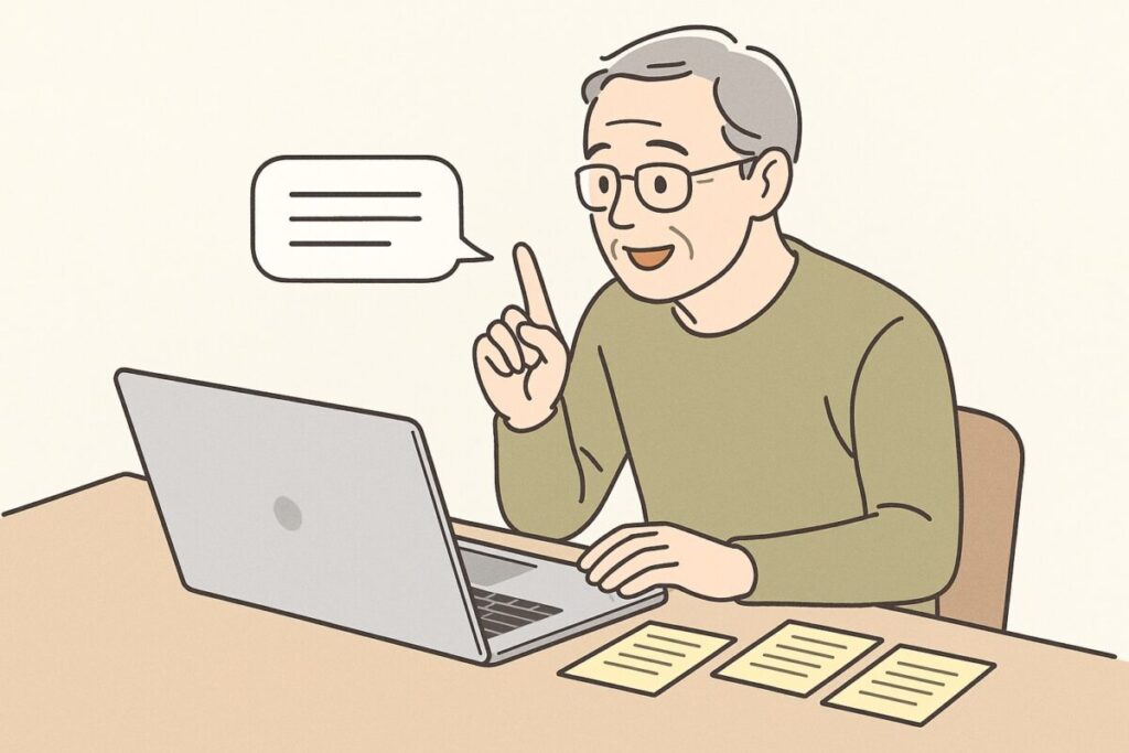 パソコンの横に手書きメモを並べ、AIに読み込ませている様子
