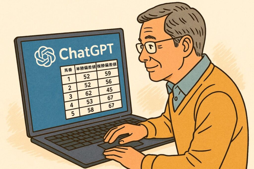 シニア男性がパソコンでChatGPTを操作しながら競馬予想データ(表)を見ている構図