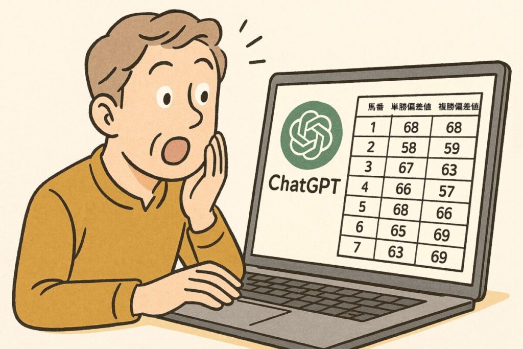 PC画面にChatGPTと偏差値表の両方が映っているような構成。
ユーザーが「これは便利かも」と驚いているような表情