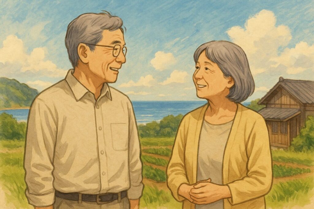 60代夫婦が自然豊かな風景(海・畑・古民家)を背景に、穏やかに語り合っている姿