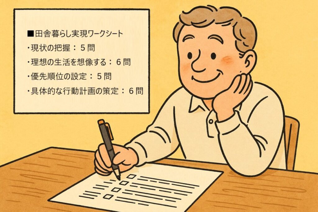 ペンとワークシート(チェックボックス付き)を前に、思索する中高年男性の手元