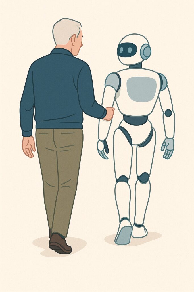 「AIと並んで歩くシニア男性の後ろ姿