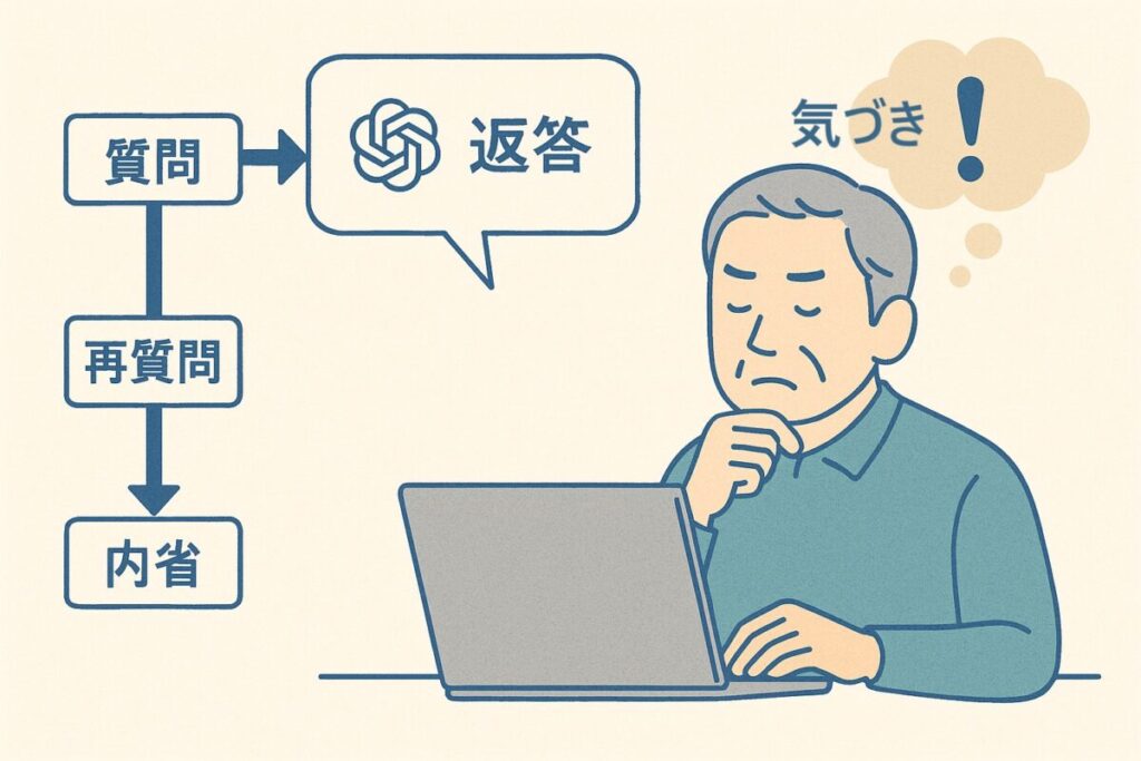 「質問→返答→再質問→内省→気づき」という流れを図式化