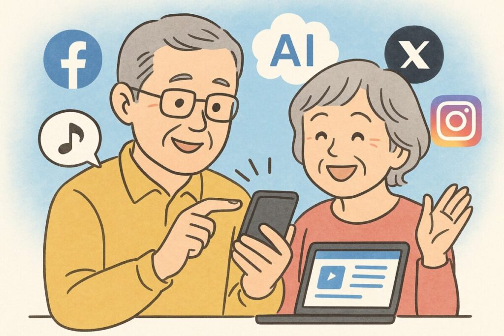 スマホ片手に笑顔でSNS投稿する60代の男女