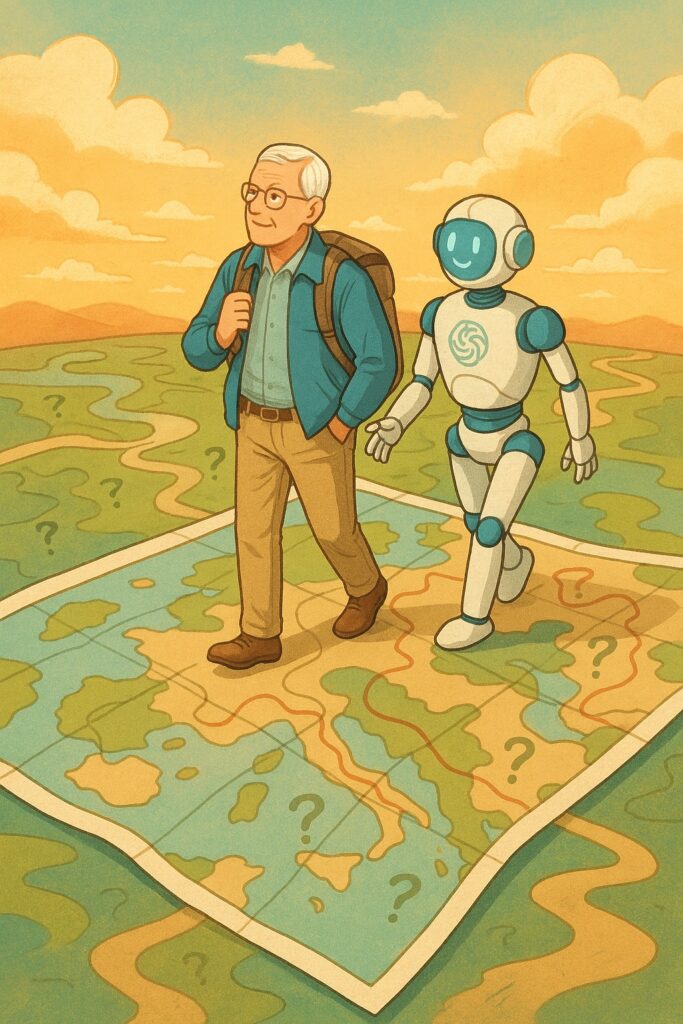 60代男性が広がる地図の上に立ち、AIとともに旅をしている様子