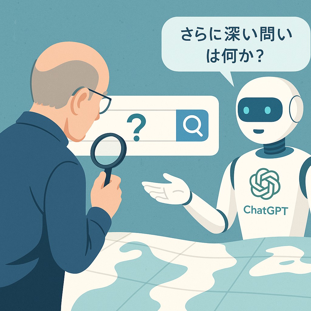 検索バーに“?”を入れているシニアと、その後ろでChatGPTが“もっと深い問い”を提示している様子