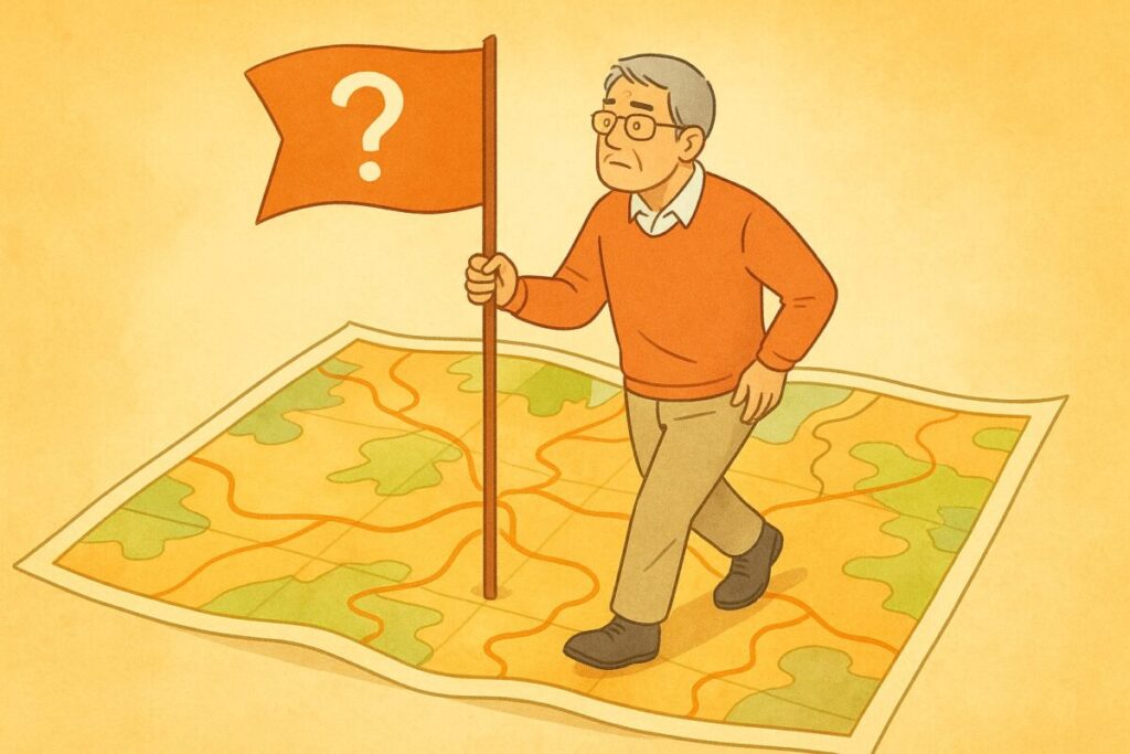 思考の地図を広げながら、自分の“問い”を旗印のように立てて進むシニア男性