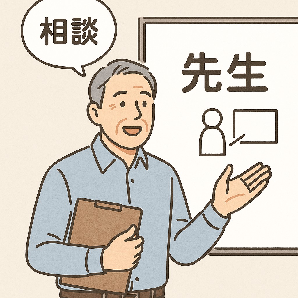 ホワイトボードを前に話す60代男性(相談中)