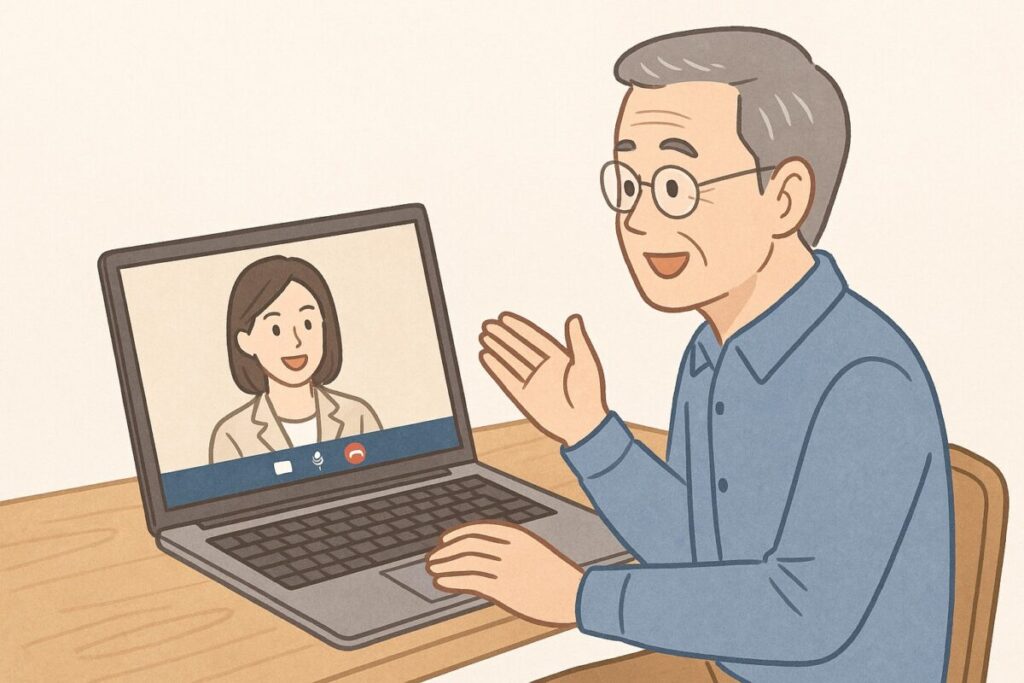 ノートPCでZoom通話している男性と画面上の相手