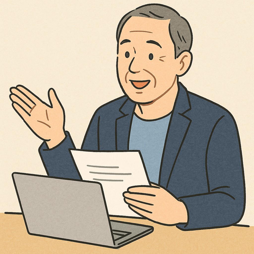 手元で資料を確認しながら話す男性
