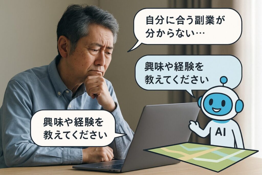 悩みながらPCを前にしているシニア男性と、それをサポートするAIキャラ（対話形式）