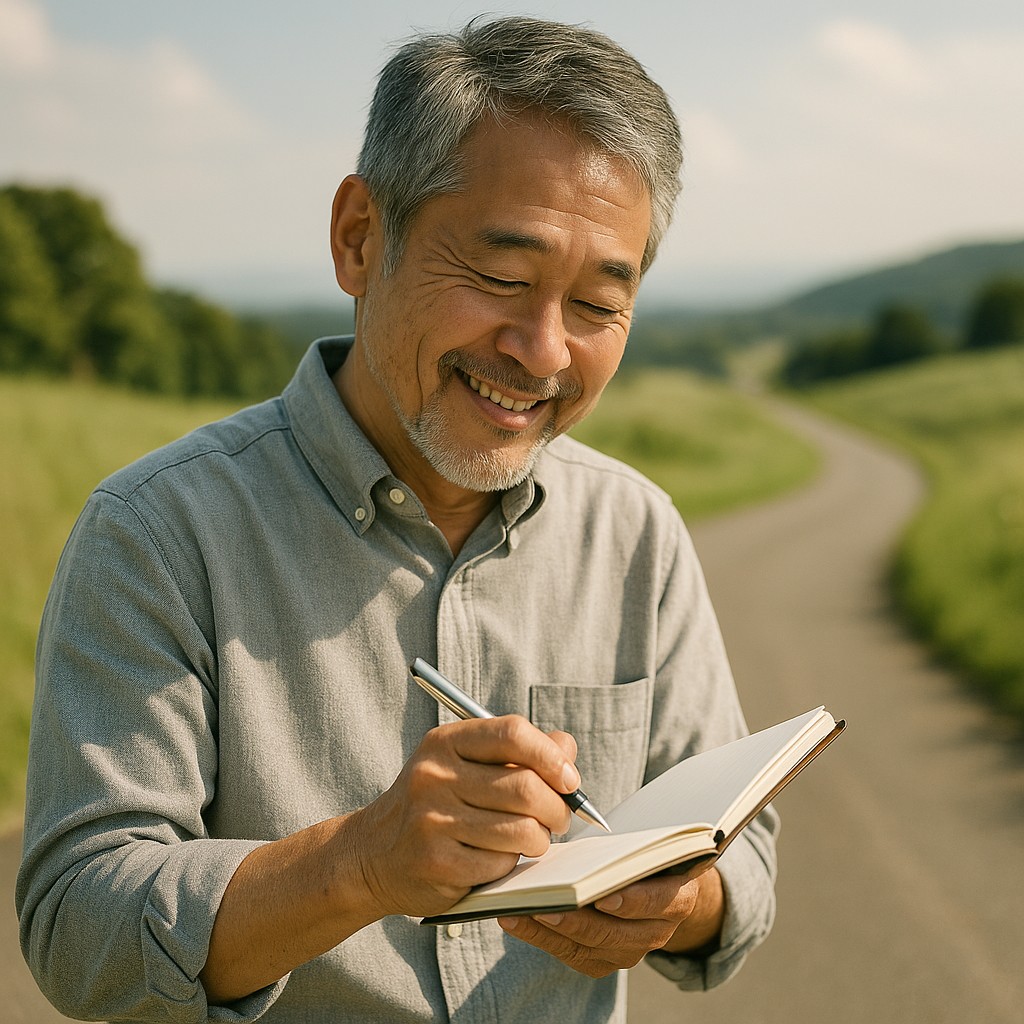 副業アイデアをメモしながら微笑む60代男性。背景に“未来に向かう道”