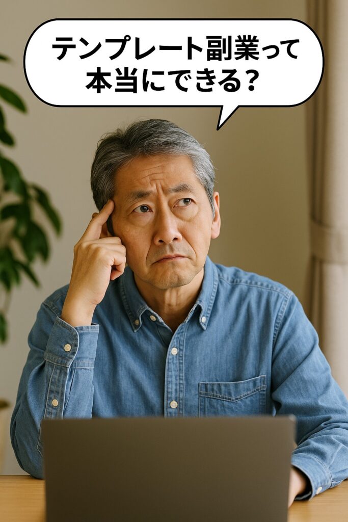 テンプレート副業って本当にできる?と悩む60代男性の表情
