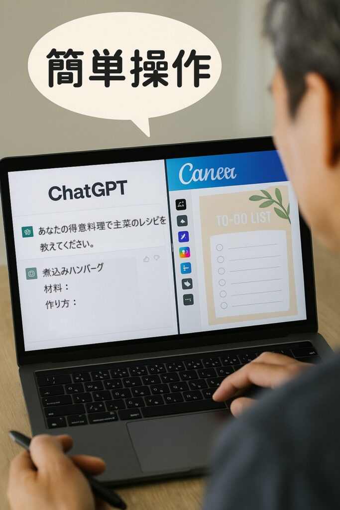 ChatGPTやCanvaでテンプレート作成中の画面+“簡単操作”の吹き出し入り