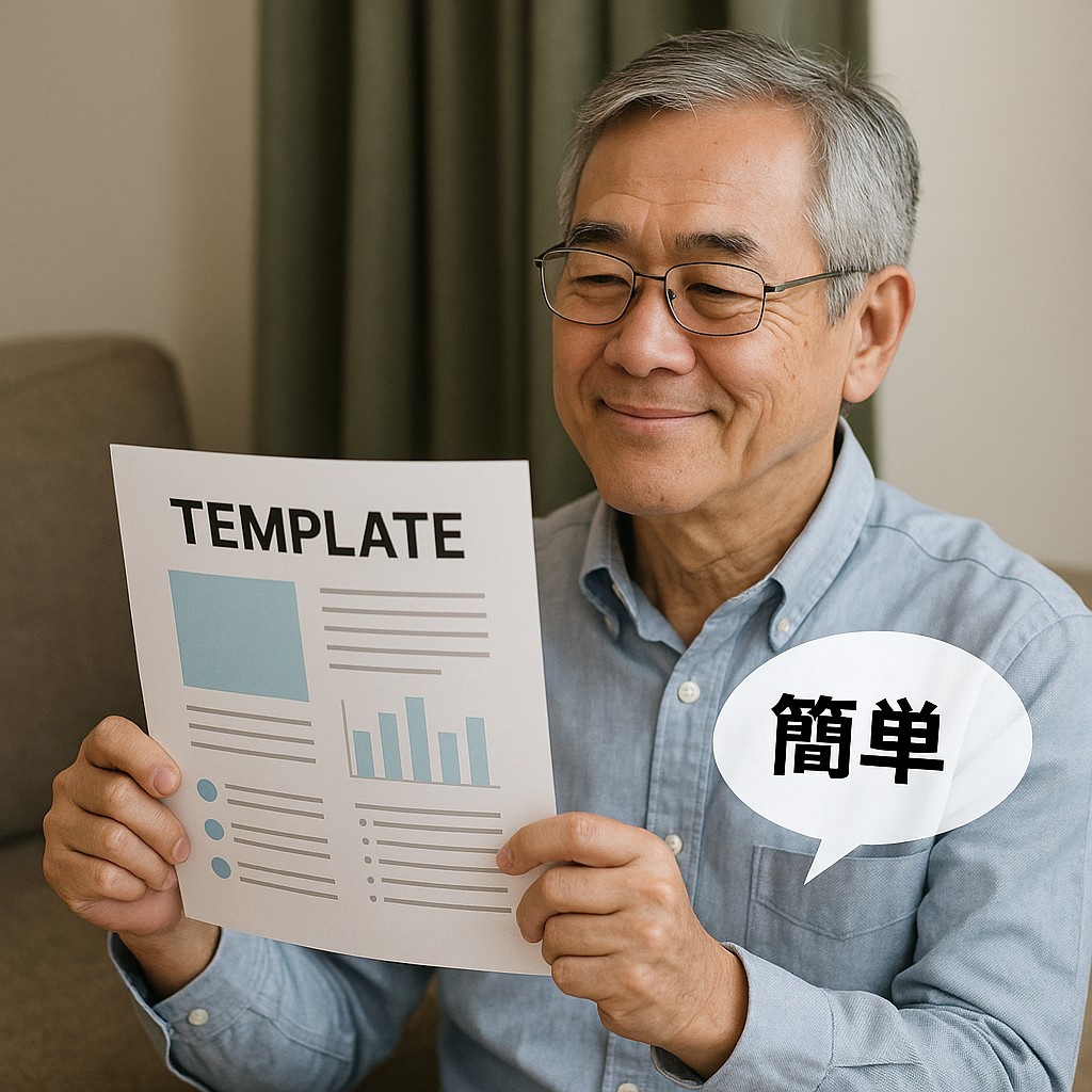 完成したテンプレート資料を誇らしげに眺めるシニア男性