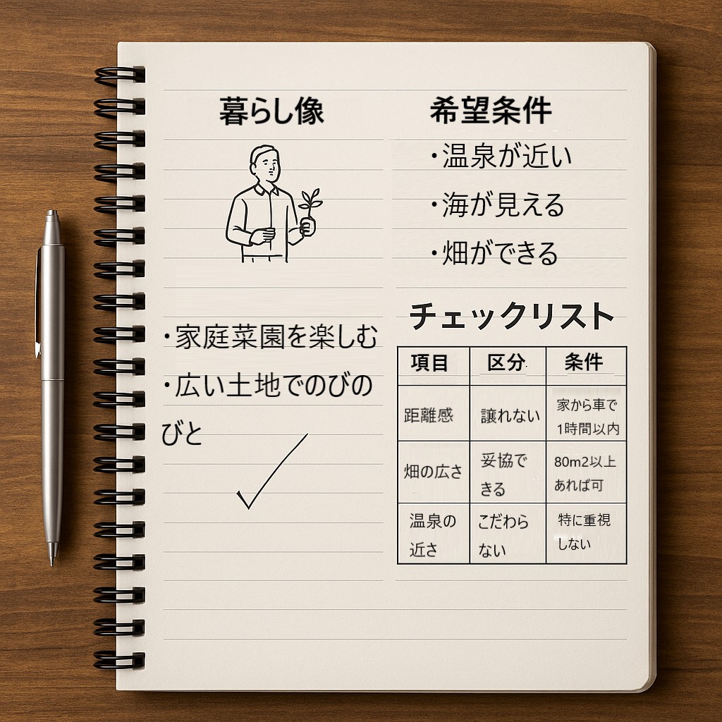 ノートに「暮らし像」「希望条件」「チェックリスト」が描かれている俯瞰のデスクシーン