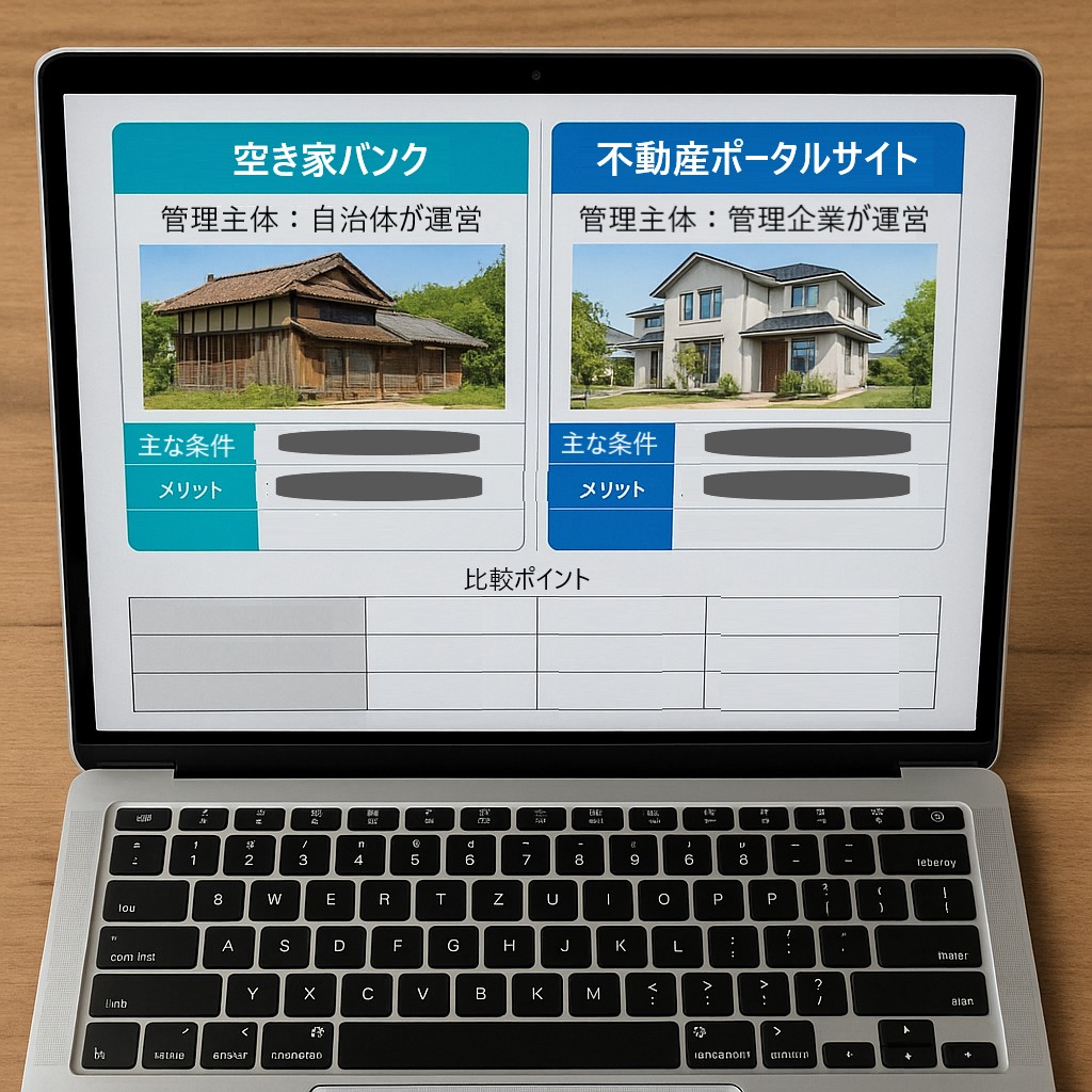 パソコンに「空き家バンク」「不動産ポータルサイト」の画面が2つ並び、比較表や条件が表示されている