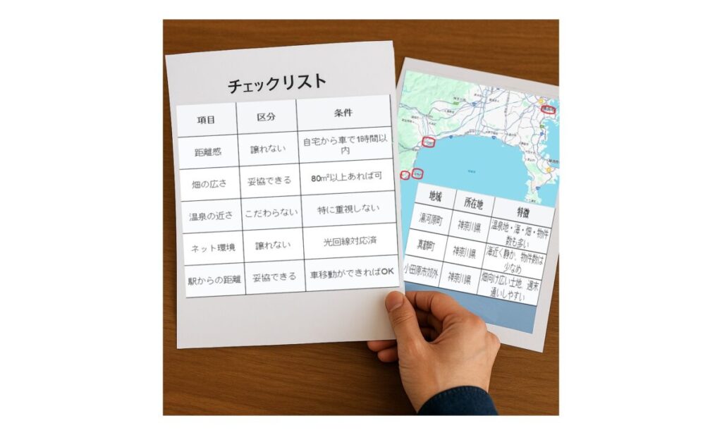 チェックリストの一部（例：距離、畑サイズなど）が表形式で表示され、横に地図に赤丸がついたエリア