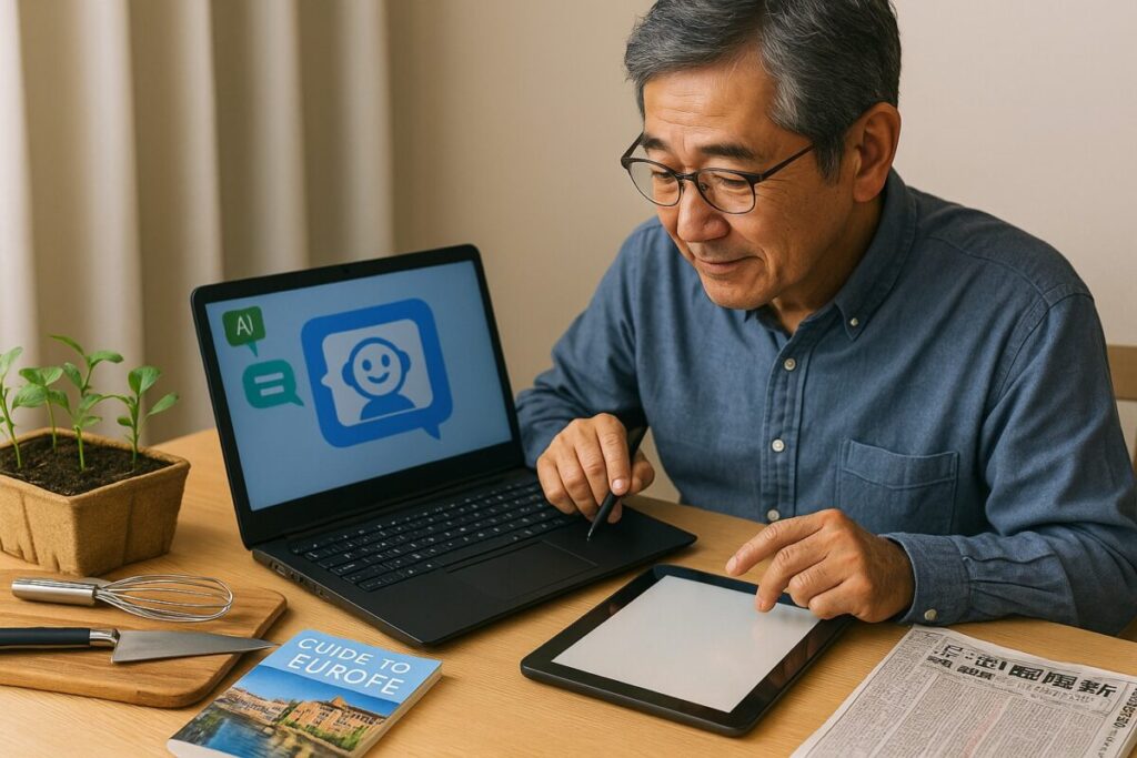 「ノートPCやタブレットを使ってAIアプリを操作する60代男性」＋横に趣味のアイテム（苗、ガイドブック、調理道具、競馬新聞など）

