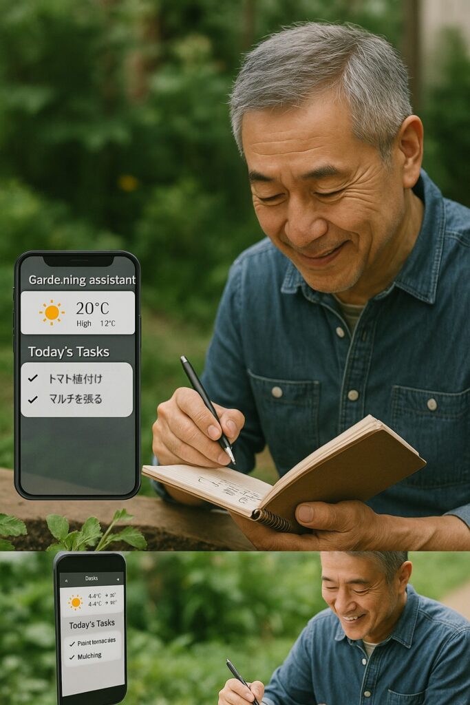 「家庭菜園の手帳に記録する男性」＋「スマホ画面に気象予報と作業予定が表示されている」場面