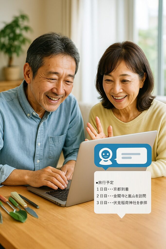 「AIチャットで旅行プランを相談している60代夫婦」＋旅のしおりが画面に出ている場面