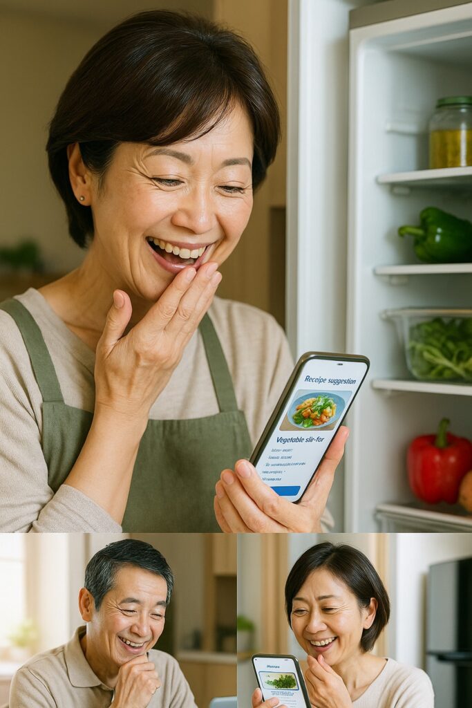 「冷蔵庫の中を見ながらスマホに材料を入力→レシピ提案を見て喜ぶ女性」