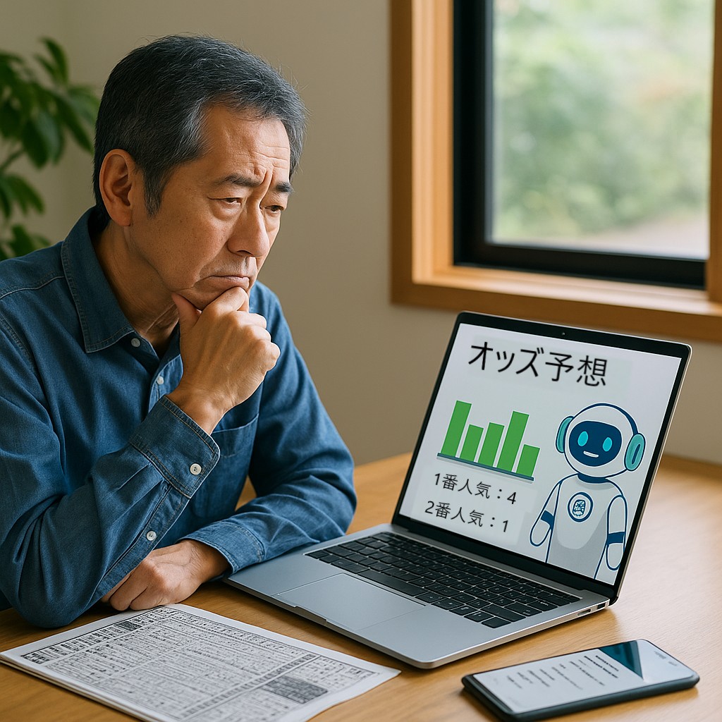 「競馬新聞の横にPCがあり、AIがオッズ予測を表示している」＋60代男性が考えている風景