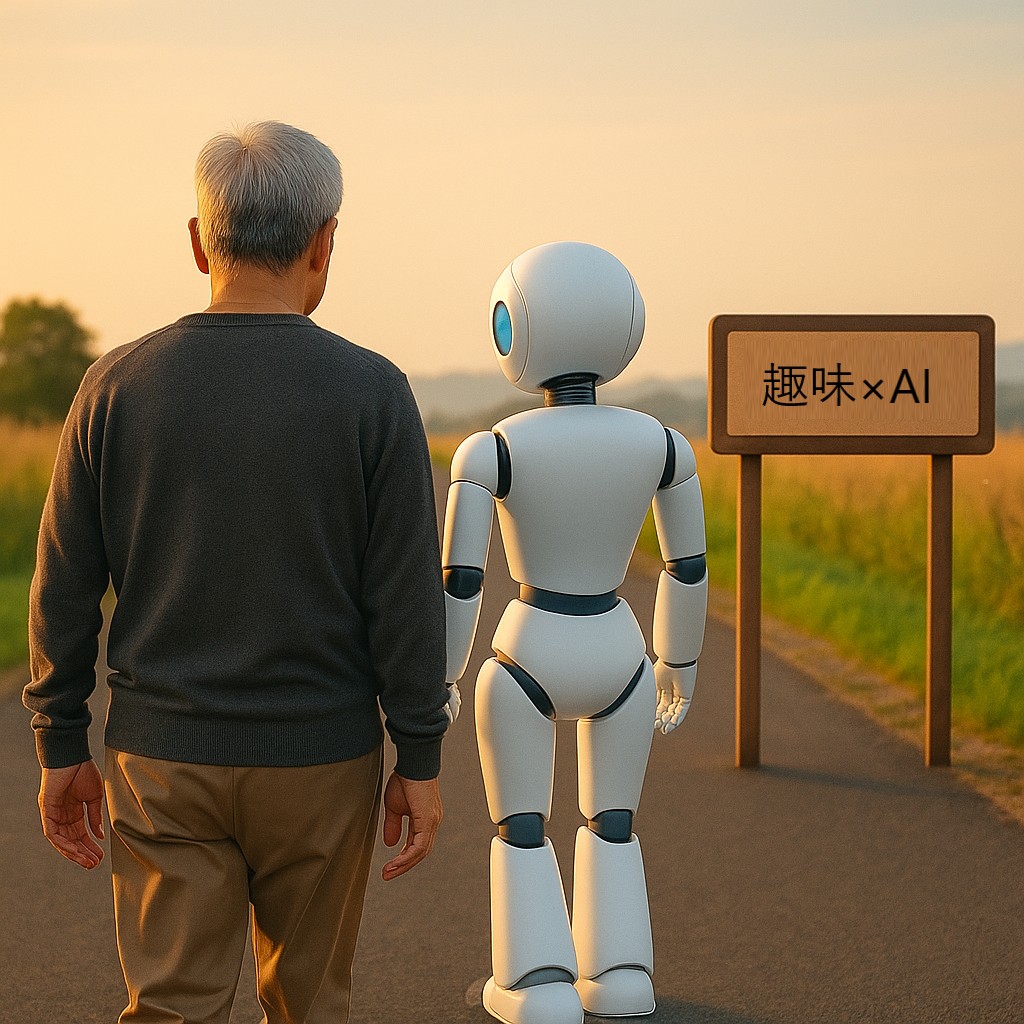 「未来に向かって歩くシニアとAIキャラ（後ろ姿）」＋道に『趣味×AI』の看板風ロゴあり