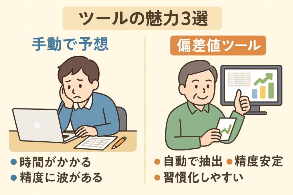 手動で予想：時間がかかる・精度に波がある。偏差値ツール：自動で抽出・精度安定・習慣化しやすい