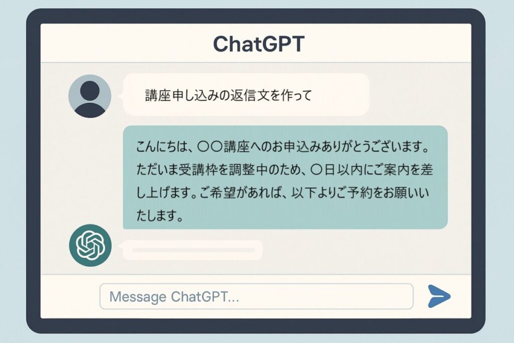 ChatGPTに「講座申し込みの返信文を作って」と入力しているチャット画面風画像