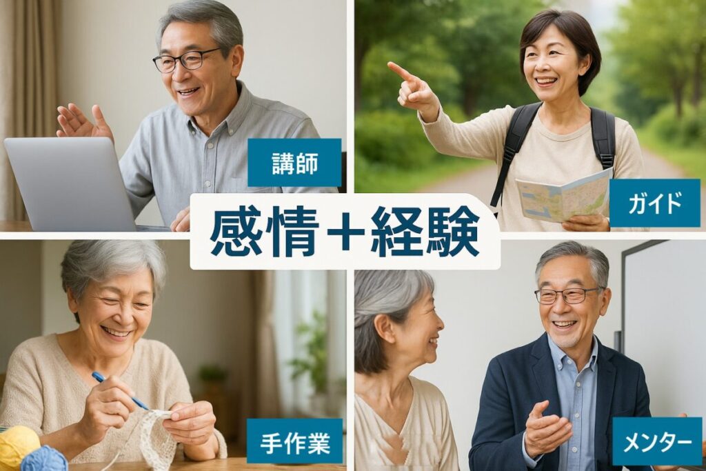 60代男女がそれぞれ副業や活動をしているシーンを並列(4コマ風)