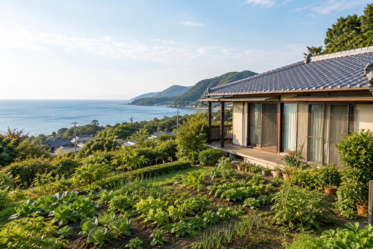 海を眺める平屋と小さな家庭菜園