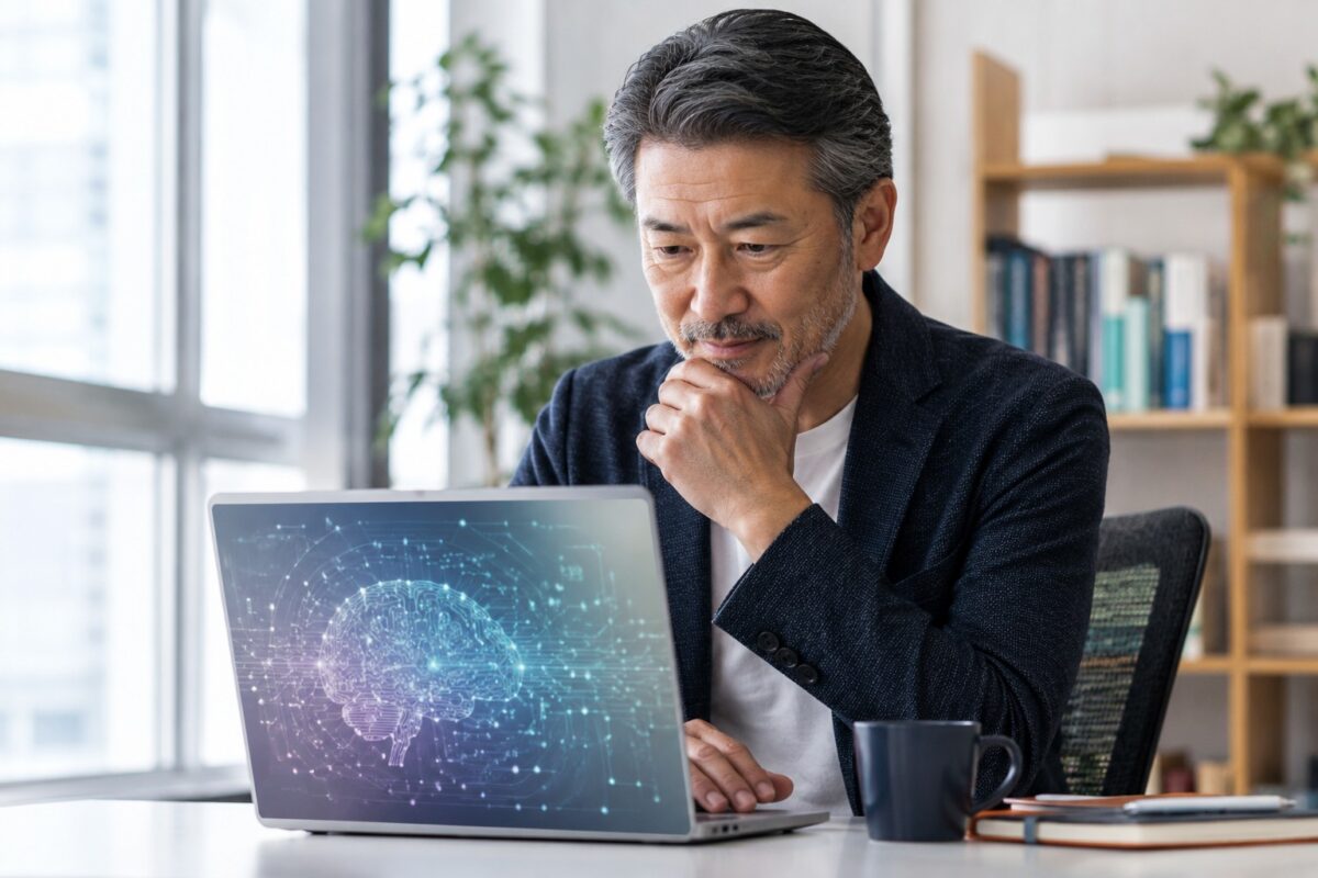 ノートPCと生成AI画面を見ながら考えるシニア